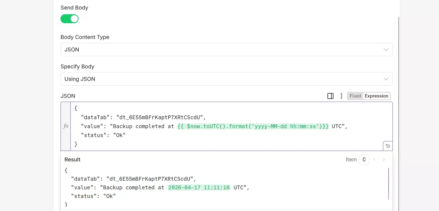 Set the Json request body in the n8n Http Request node